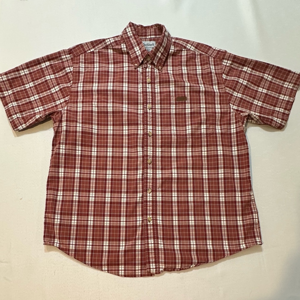Carhartt Red Plaid Button Up Shirt Size L Short Sleeves